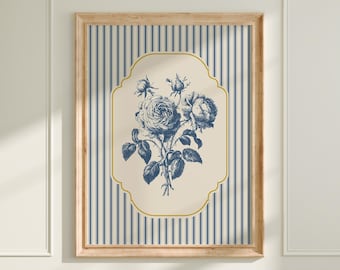 Blue Striped French Country Wall Art Print, Rustic Cottage Vintage Floral Decor, Farmhouse Roses Printable, Large Downloadable Print A387