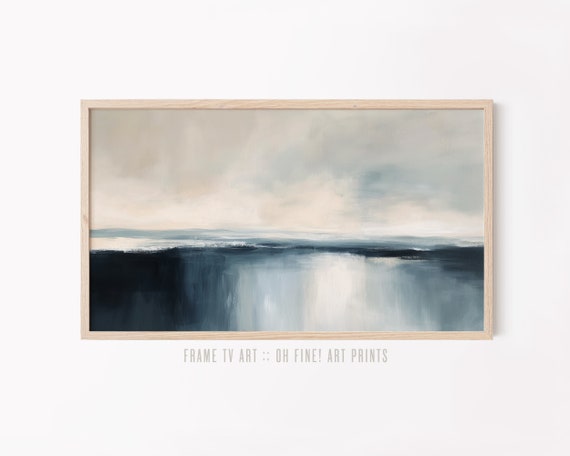 Frame TV Art, Abstract Coastal Landscape in Navy Blue, Modern Seascape Painting, Digital TV Download | T24