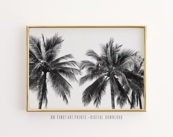 Palmträdstryck, svartvitt tryck, väggkonst, studentrumsdekor, tropisk dekor, tropiskt tryck, utskrivbar konst, Hawaii-affisch