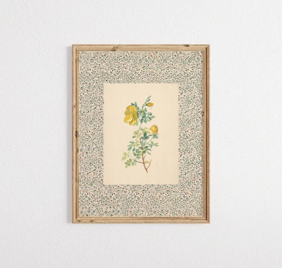 Botanical French Cottage Art Print, Printable Farmhouse Decor, Yellow Green Floral Wall Art, Vintage Rose Painting, Digital Download A248