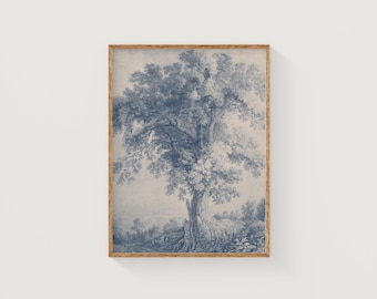 Vintage Blue Landscape Art Print, Antique Tree Illustration, French Country Farmhouse Wall Decor