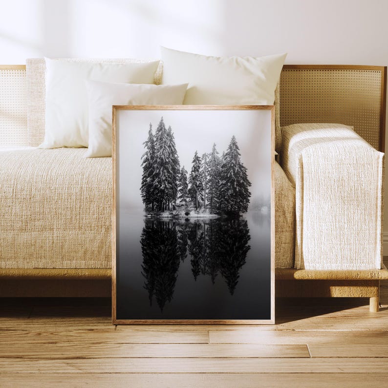 Black and White Pine Trees on Lake Landscape Print, Winter Decor