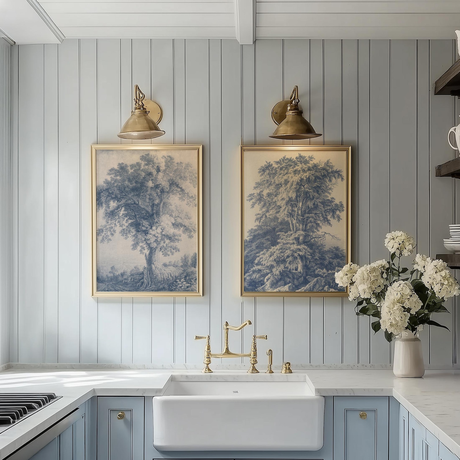 French Country Landscape Prints Set, Vintage Blue Tree Wall Art ...