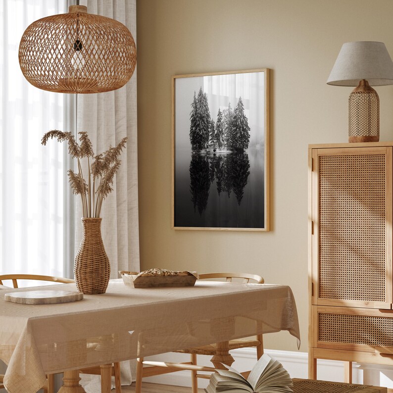 Black and White Pine Trees on Lake Landscape Print, Winter Decor