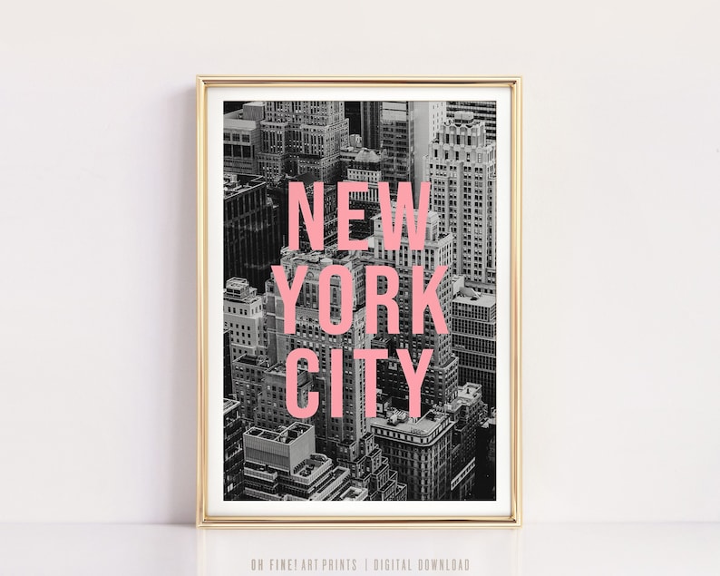 New York Digital Print, Black and White Print, Printable Wall Art, New York City Typography Travel Poster, NYC Aerial Photography image 1