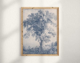 French Blue Tree Sketch Print, Vintage Country Cottage Decor, Moody Farmhouse Wall Art Printable, Downloadable Digital Art A374