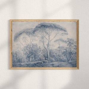 Vintage Blue Landscape Sketch Print, Shabby French Country Wall Art, Rustic Farmhouse Cottagecore Decor, Printable Digital Download A390