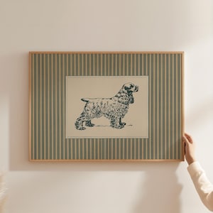 Lámina artística rústica vintage de Cocker Spaniel, decoración de pared con diseño de perro cottagecore a rayas verde azulado (descarga digital A500)