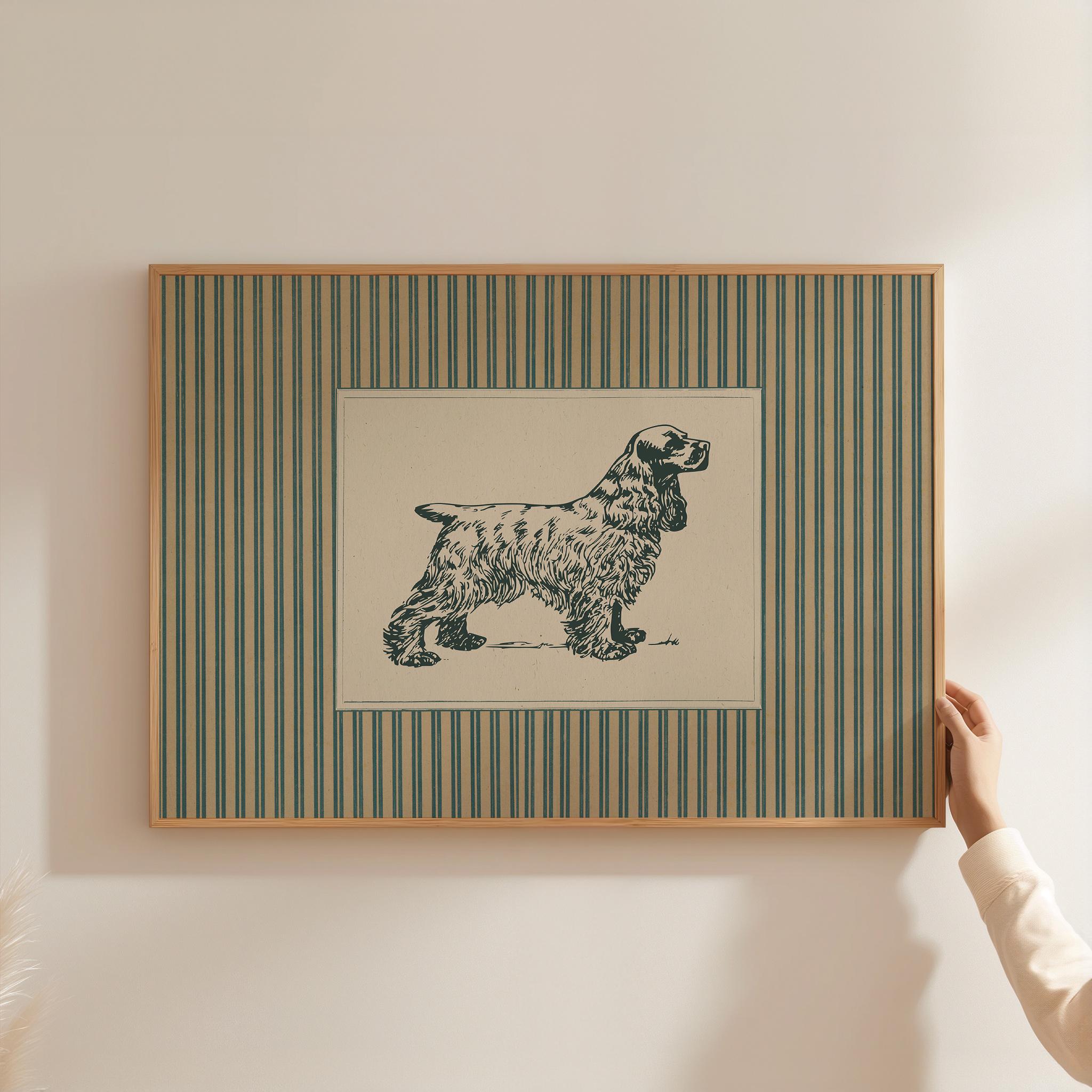 Rustic Vintage Cocker Spaniel Art Print, Teal Striped Cottagecore Dog ...