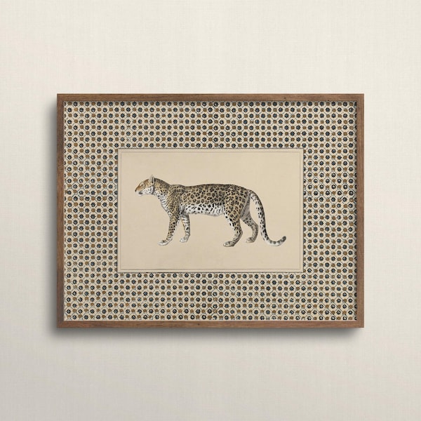 Vintage Leopard Wall Art, Boho Cheetah Print, Maximalist Animal Decor, Horizontal Wild Cat Painting, Neutral Safari Nursery Art