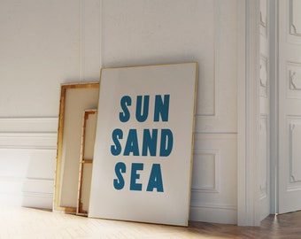 Printable Sun Sand Sea Wall Art, Blue Coastal Decor, Surf Art Print, Beach Digital Download A33