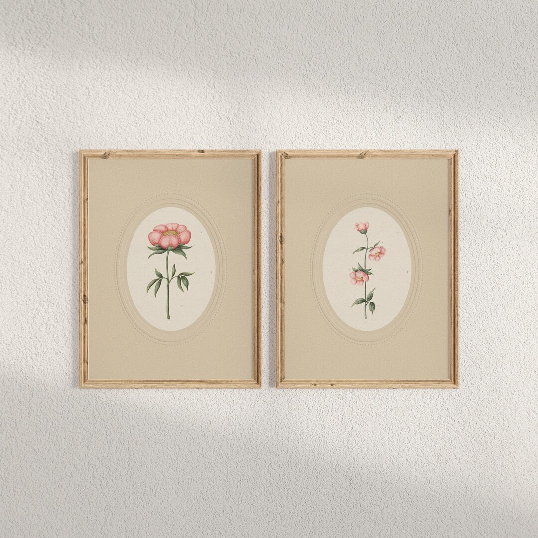 Pink Peony Prints Set of 2, Vintage Country Cottage Floral Wall Art ...