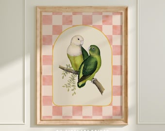 Maximalist Green Lovebirds Art Print, Dopamine Bedroom Decor, Trendy Pink Checkered Wall Art, Printable Digital Download A283