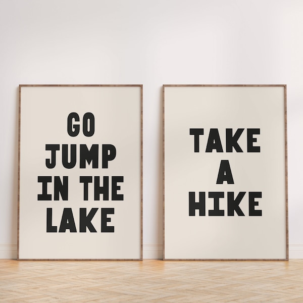 Funny Cottage Decor, Set of 2 Prints, Trendy Retro Posters, Jump In The Lake, Digital PRINTABLE Wall Art | A16