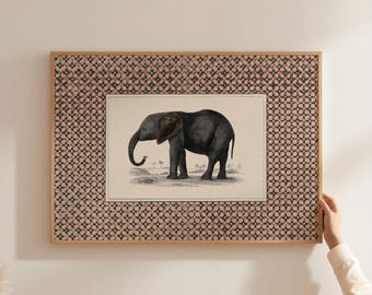 Vintage Elephant Wall Art, Printable Boho Safari Decor, Horizontal Neutral Animal Print, Maximalist Aesthetic, Digital Download A326