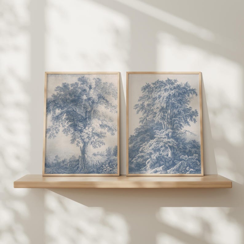 French Country Landscape Prints Set, Vintage Blue Tree Wall Art ...