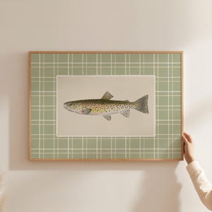 Vintage Fisch Wand Kunst Druck, Fischer Küche Dekor, Salbei Cottagecore Ästhetik, Vintage Forelle Malerei, Angeln Digital Printable A317