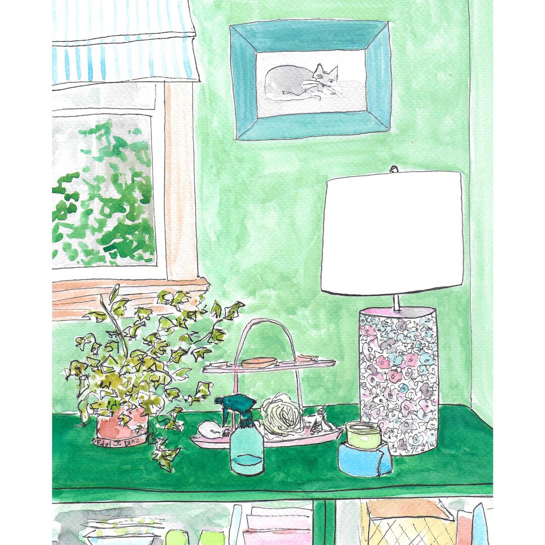 8 X 10 Original Art, Green Office Corner, Watercolor Room Painting, Maximalist Artwork, Unframed