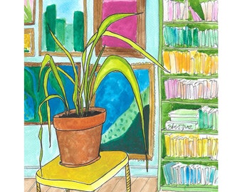 8 x 10 Original Art, Spider Plant in Colorful Library, Watercolor Room Painting, Maximalist Artwork, Unframed Watercolor Painting