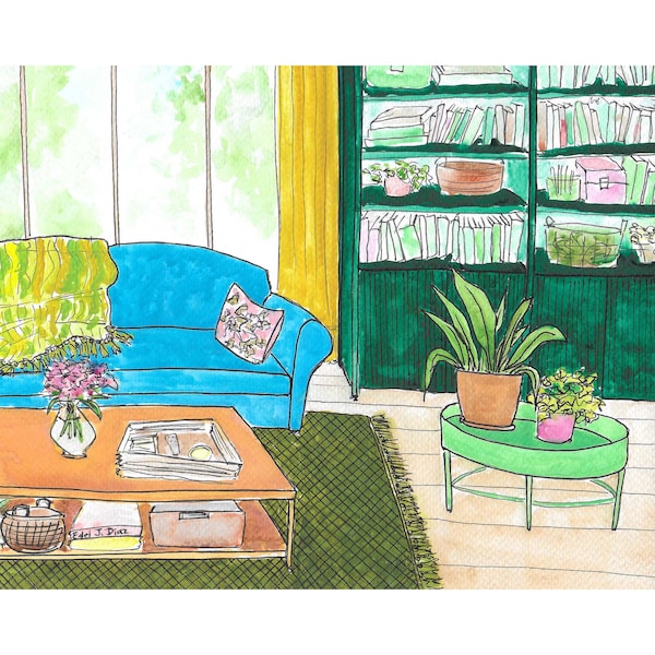 8 x 10 Original Art, Cheerful Blue and Green Living Room, Watercolor Room Painting, Maximalist Artwork, Unframed Watercolor Painting