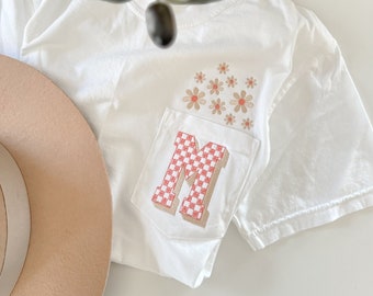 Checkered Initial, Floral Pocket Tee -- Embroidered, Comfort Colors, Short OR Long Sleeve