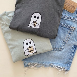 Little Ghost Coffee Tee -- Comfort Colors, Embroidered, Halloween Tee