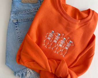 Dainty Dancing Skeletons Embroidered Sweatshirt -- Halloween Crewneck, Spooky Season