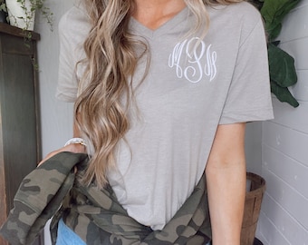 Trendy Monogram V-Neck -- Embroidered, Bella + Canvas