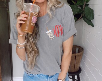 Iced Coffee Monogram Tee -- Dunkin Lovers, Starbucks Lovers, Embroidered