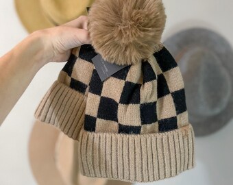 Checkered Pom-Pom Beanie -- Ready To Ship!, Fall Must Have, Checkered Pattern