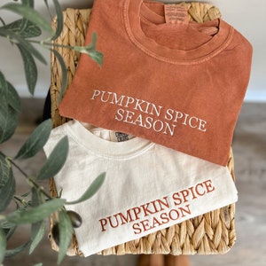 May include: Two t-shirts with the text "Pumpkin Spice Season" in orange embroidery. The top shirt is rust colored and the bottom shirt is cream colored.