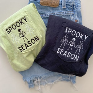Spooky Season Skeleton Pocket Tee -- EMBROIDERED, Comfort Colors, Halloween Tee