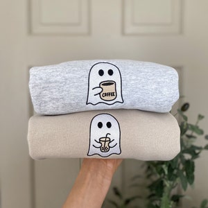 Little Ghost Coffee Crewneck -- Embroidered Sweatshirt, Fall Sweatshirt