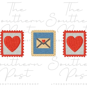 May include: Three embroidered patches with a Valentine's Day theme. Two patches feature a red heart on a gray background within a red scalloped border. The center patch shows a blue background with an envelope and heart.
