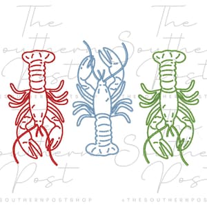 May include: Three outline drawings of lobsters in red, blue, and green. The lobsters are in a vertical position, with their claws and antennae extended. The text "The Southern Post" is written in a script font above and below the lobsters.