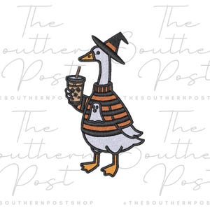 May include: A Halloween-themed embroidered patch featuring a goose wearing a witch hat and a striped sweater with a ghost. The goose is holding a coffee drink with a straw. The Southern Post shop logo is in the background.