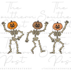 May include: A Halloween-themed design featuring three dancing skeletons with pumpkin heads. The skeletons are beige with orange and brown pumpkin heads, and are set against a white background. The text "The Southern Post" is in the background.