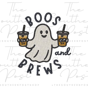 May include: A light gray ghost embroidered design holding two iced coffee drinks. The text "BOOS and BREWS" is above and below the ghost. The design is on a white background.