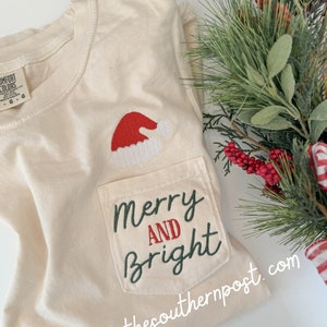 Merry & Bright Santa Hat Pocket Tee -- Embroidered Design, Vintage Christmas, Holiday Tee