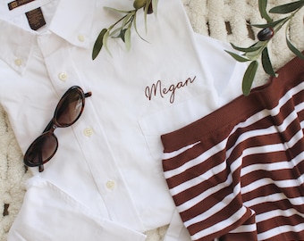 Simple Embroidered Button Down, Bridal Party Shirts, Lightweight Coverup