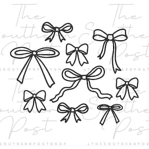May include: A collection of hand-drawn black bow illustrations in various styles. The bows are outlined and arranged on a white background. The Southern Post text is in the background.