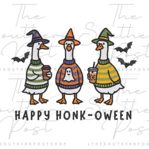 May include: A Halloween-themed illustration features three geese wearing sweaters and witch hats, each holding a beverage. The geese are adorned in green, orange, and yellow sweaters, with a ghost graphic on one. The phrase "HAPPY HONK-OWEEN" is displayed below.