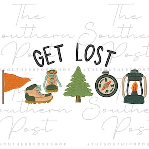 May include: Embroidered design with the text "GET LOST" above camping-themed icons: an orange flag, hiking boots, a green pine tree, a compass, and a lantern with a flame. The Southern Post Shop.