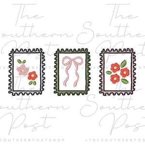 May include: Three postage stamp designs with floral and bow illustrations. Each stamp has a unique border color: black, green, and pink. The stamps feature red and pink flowers and a pink bow.