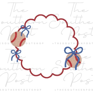 May include: A baseball-themed design featuring a scalloped red border with three baseballs. Each baseball is tan with red stitching and blue bows. The design is set against a white background. The text "The Southern Post" is visible.