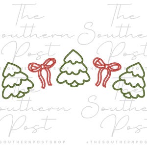 May include: A festive design featuring green Christmas trees and red bows. The image has a white background with the text "The Southern Post" repeated in a light gray script. The design is perfect for holiday-themed products.