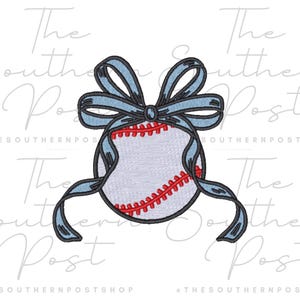 May include: A baseball with red stitching and a light blue bow. The baseball is white with red stitching. The bow is light blue and is tied around the baseball. The text "The Southern Post" is in the background.