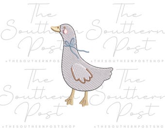 May include: Embroidered design of a light blue goose with a blue bow. The goose is standing on a white background.