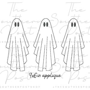May include: Three outlined ghost applique designs with oval eyes, each in a flowing sheet. The text "9x6 in applique" is at the bottom. The Southern Post shop logo is in the background.