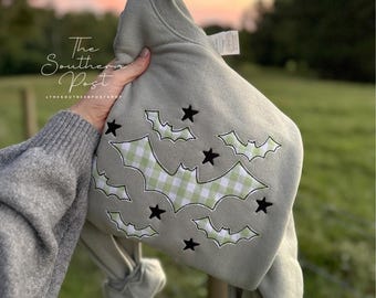 Bats + Stars Applique Sweatshirt -- Halloween Sweatshirt, Embroidered